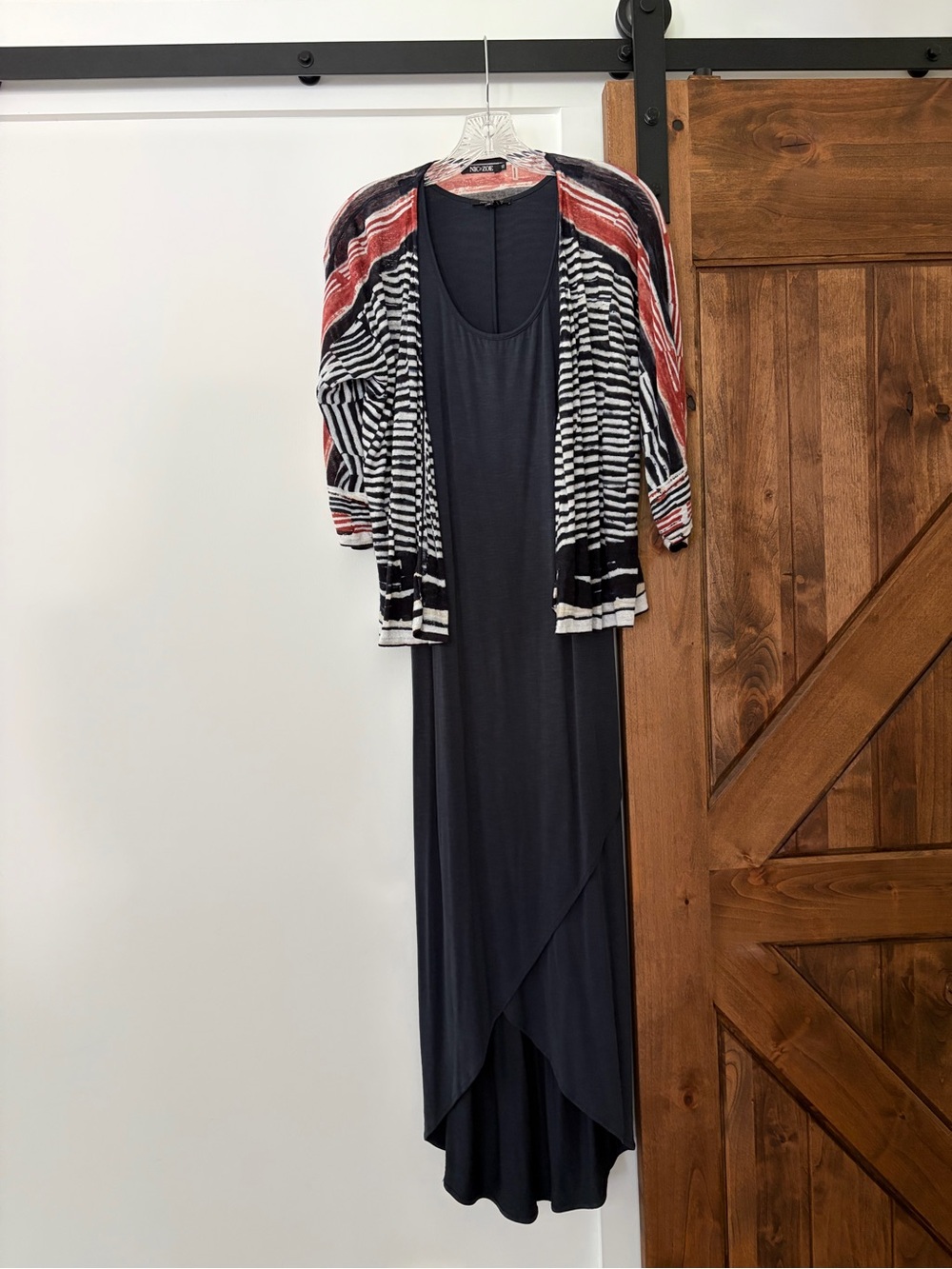 nic + zoe navy and coral dress and sweater set